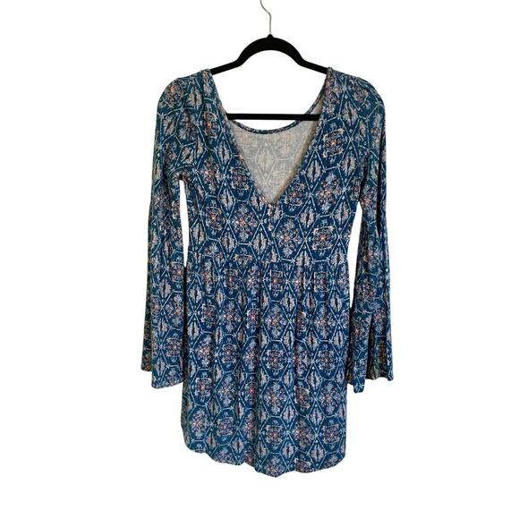 O'Neill Blue Boho Print Mini Dress Bell Sleeves V-Neck Back Viscose Size Small - Picture 5 of 5